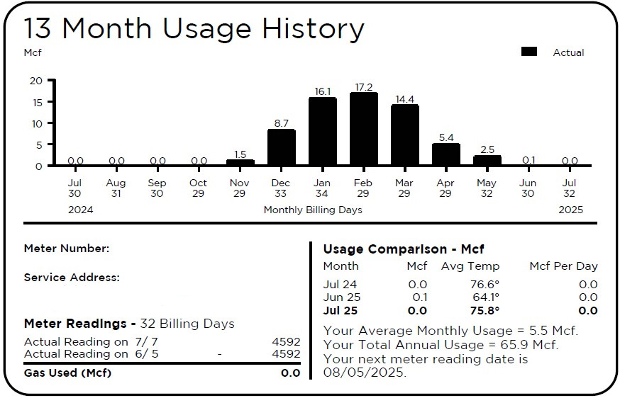 Columbia Gas of Kentucky 13 month usage history graph