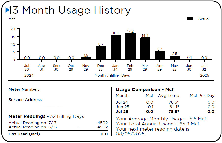 Columbia Gas Sample Bill 13 month usage history graph