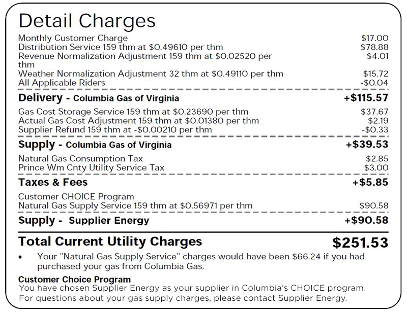 Screenshot of all charges listed on the Virginia utility bill