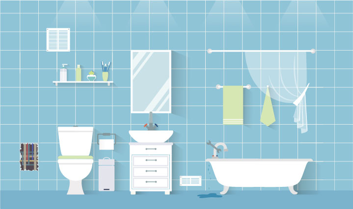 Blue bathroom with toilet, bathtub, vanity and various items hanging on the wall