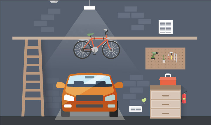 Orange parked inside garage with various items hung on the wall