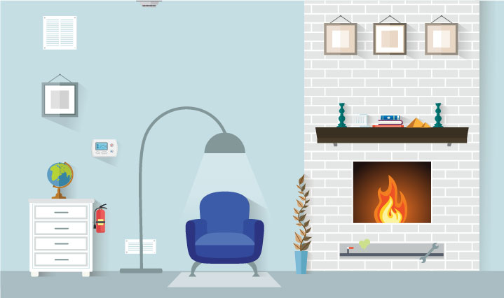 Living room with light blue walls and fireplace