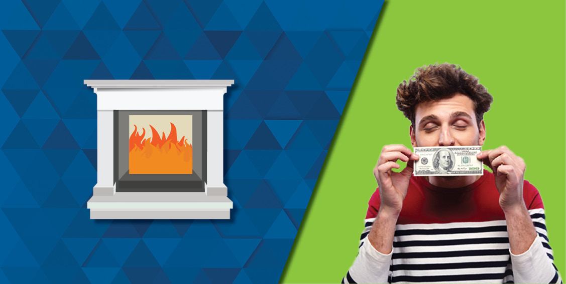 Digital image of a fireplace  next to man sniffing a rebate dollar