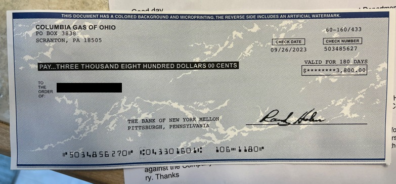 Fraudulent check from scammer claiming to be a representative of Columbia Gas of Ohio