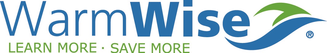 Blue and green WarmWise Learn More Save More Logo