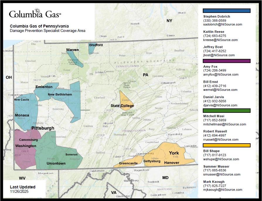 Columbia Gas of Pennsylvania Damage Prevention Specialist Map