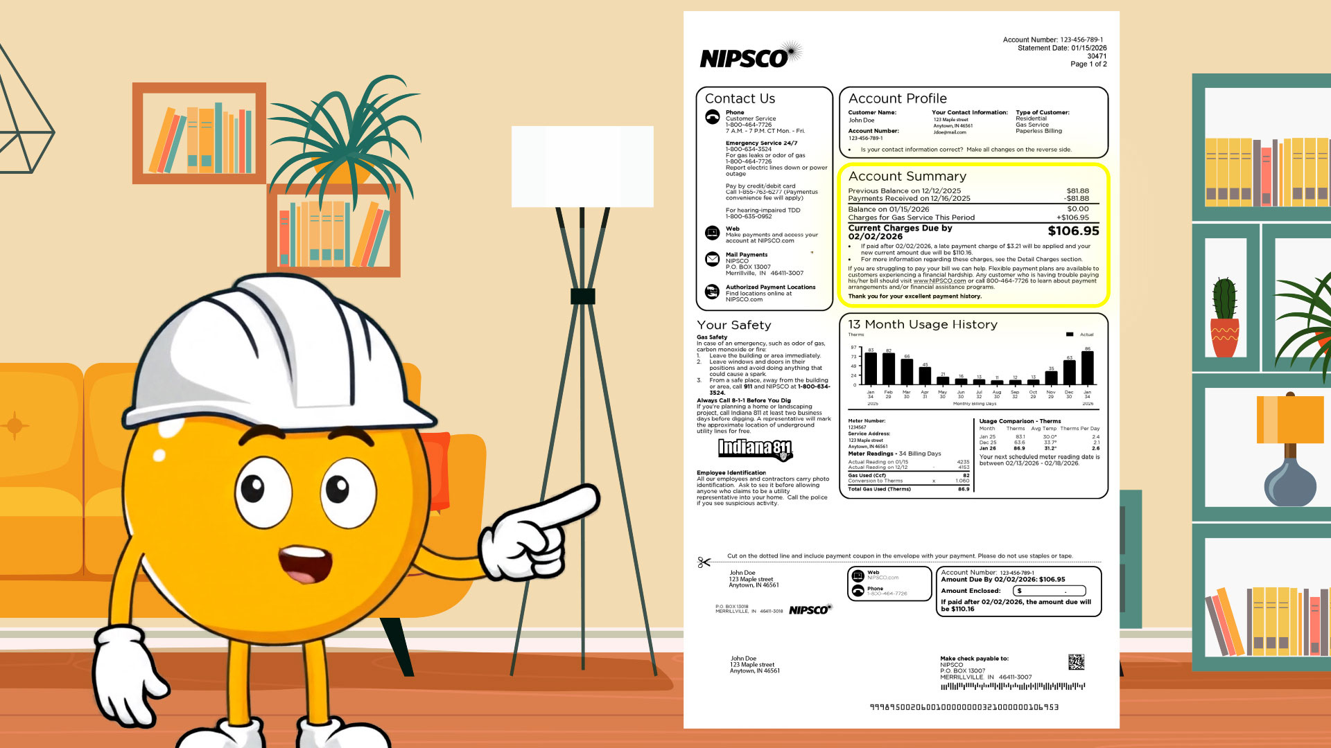 NIPSCO gas bill illustration with highlighted sections.